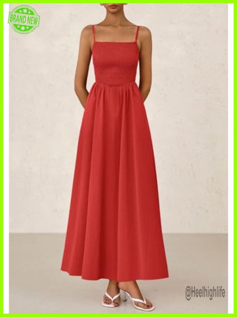 Smocked Maxi Dress with Pockets Spaghetti Strap A-Line Beach Sundress - Picture 3 of 6